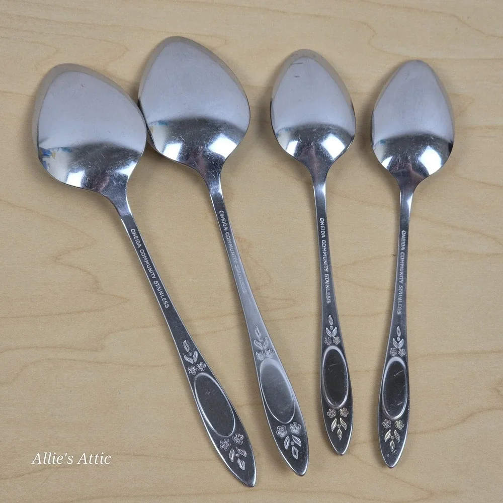 4 Oneida Stainless Table Teaspoons Set‎ Vignette Floral Rose Community Flatware